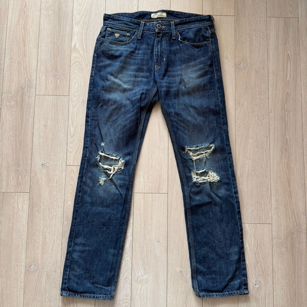 VTG Guess Jeans Mens 31x32 Blue Lincoln Slim Straight Distress Denim Rocker Y2K